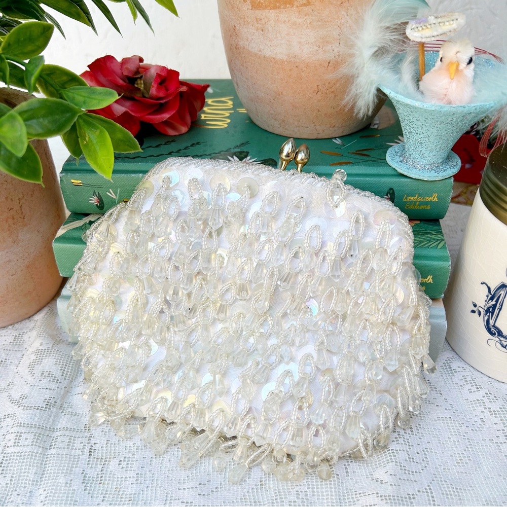 Vintage Beaded Sequins Ivory Cream Evening Purse Bag Satin Wedding Bridal